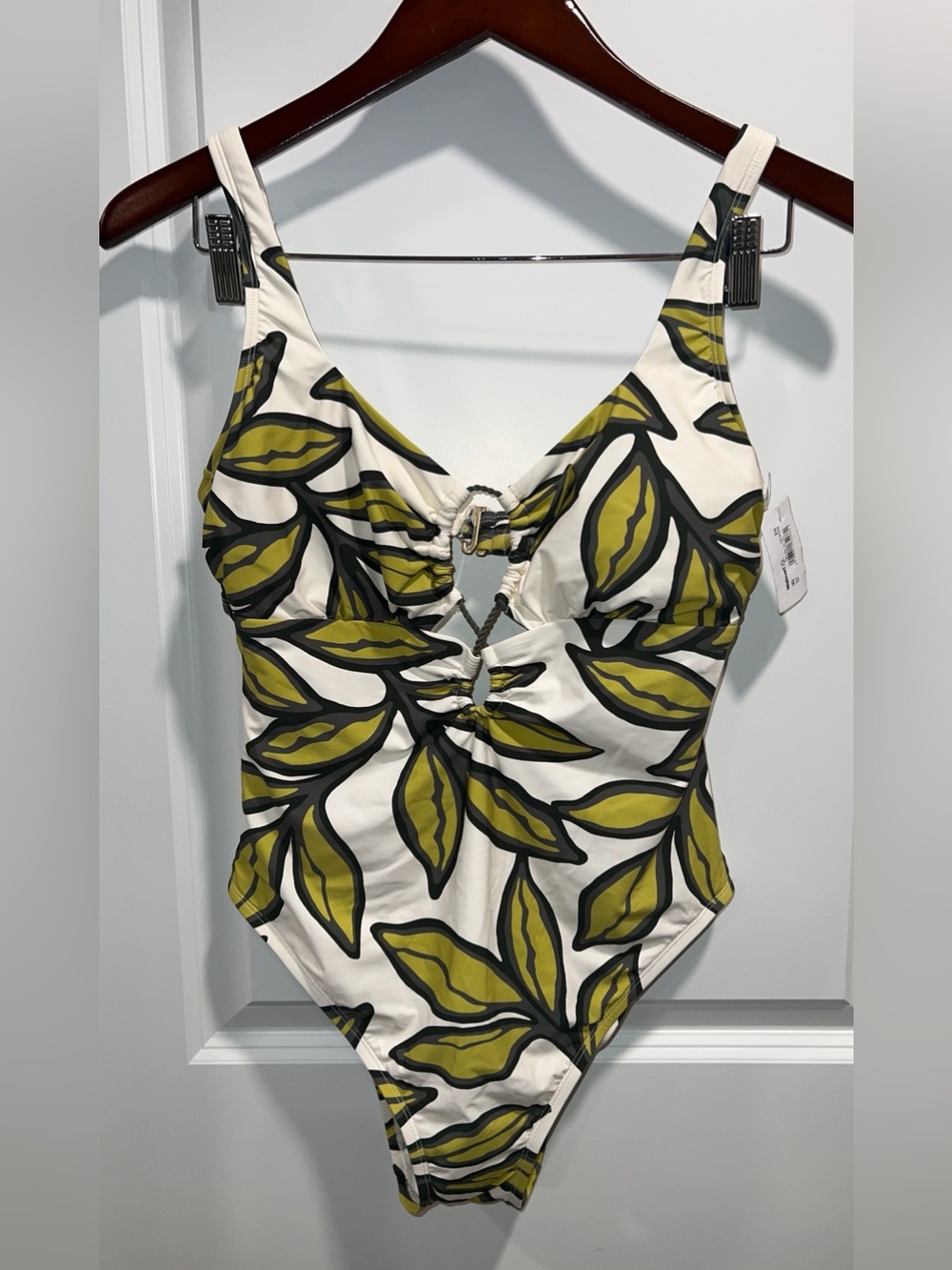 Time and Tru Women’s White One-Piece Swimsuit with Olive Leaf Print Size M NWT